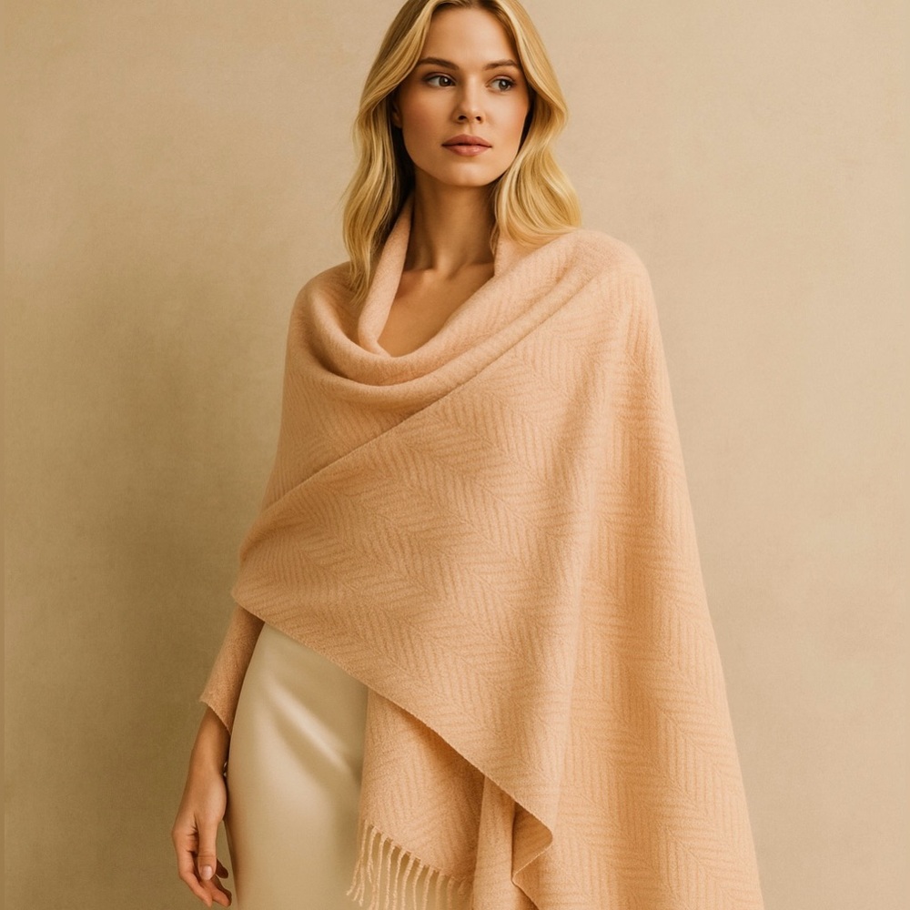 Large Cashmere Herringbone Shawl Wrap Scarf Blush Pink Cream Luxury Soft Girl